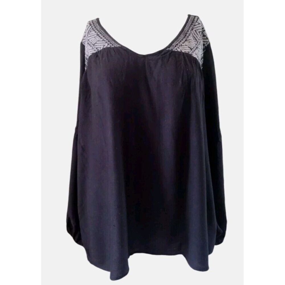 Old Navy Tunic Top Women XL Black Embroidered Long Sleeve Cotton Oversized Boho